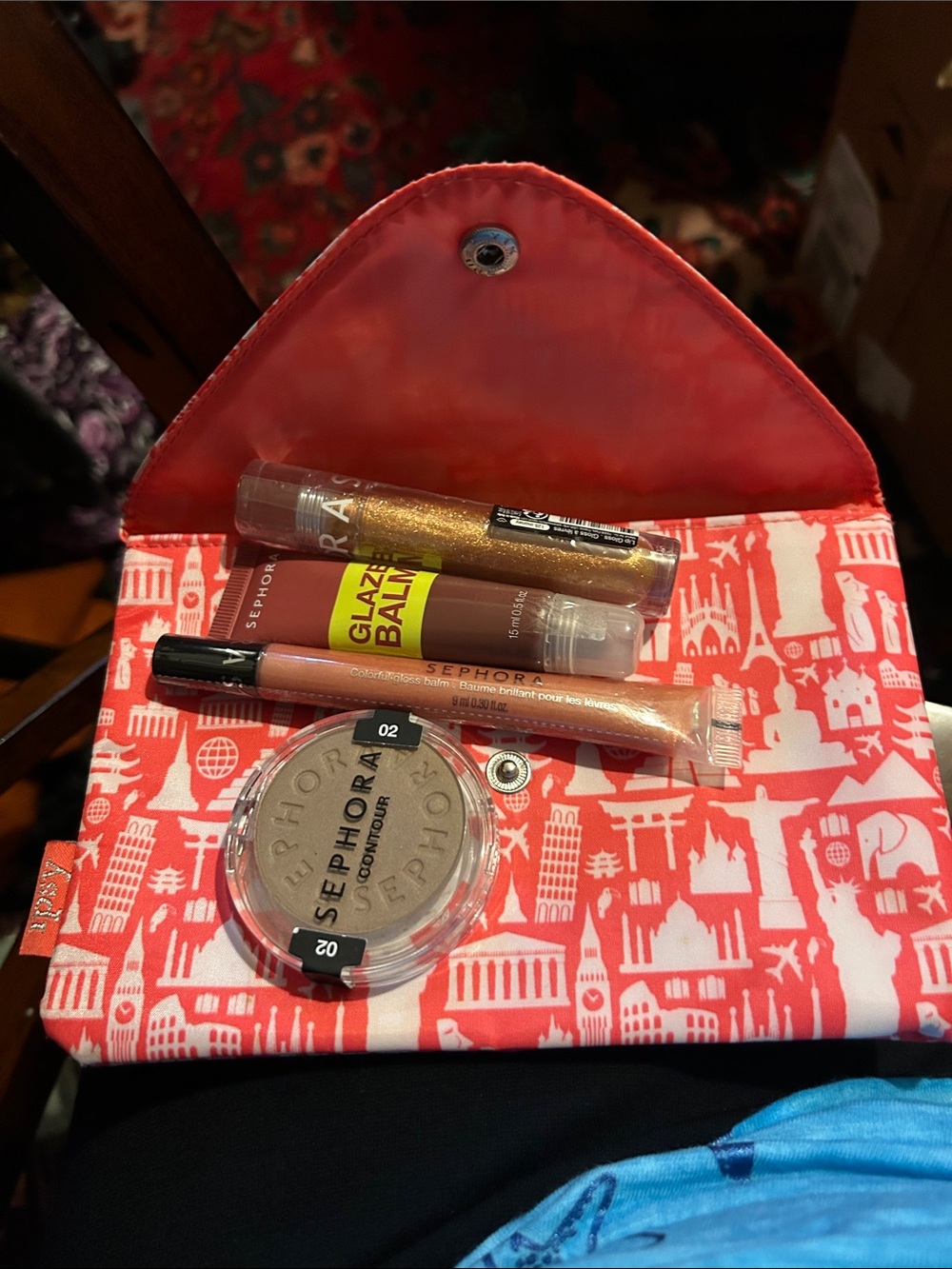Sephora Coral Patterned Cosmetic Pouch with Glosses and Contour